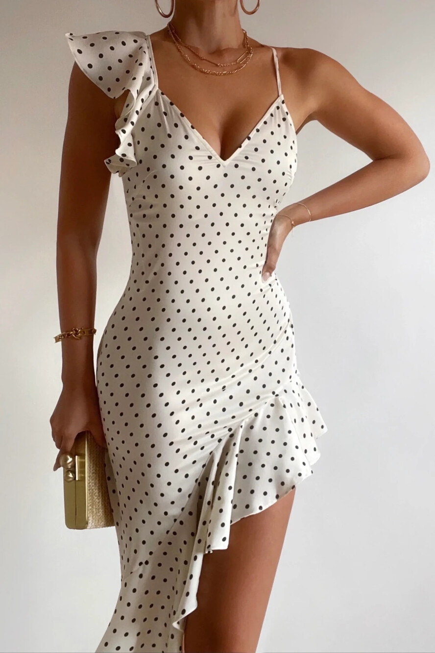 Hello Molly Riviera Satin Polka Dot Ruffle Maxi Dress – Cream – Size M - Picture 2 of 11